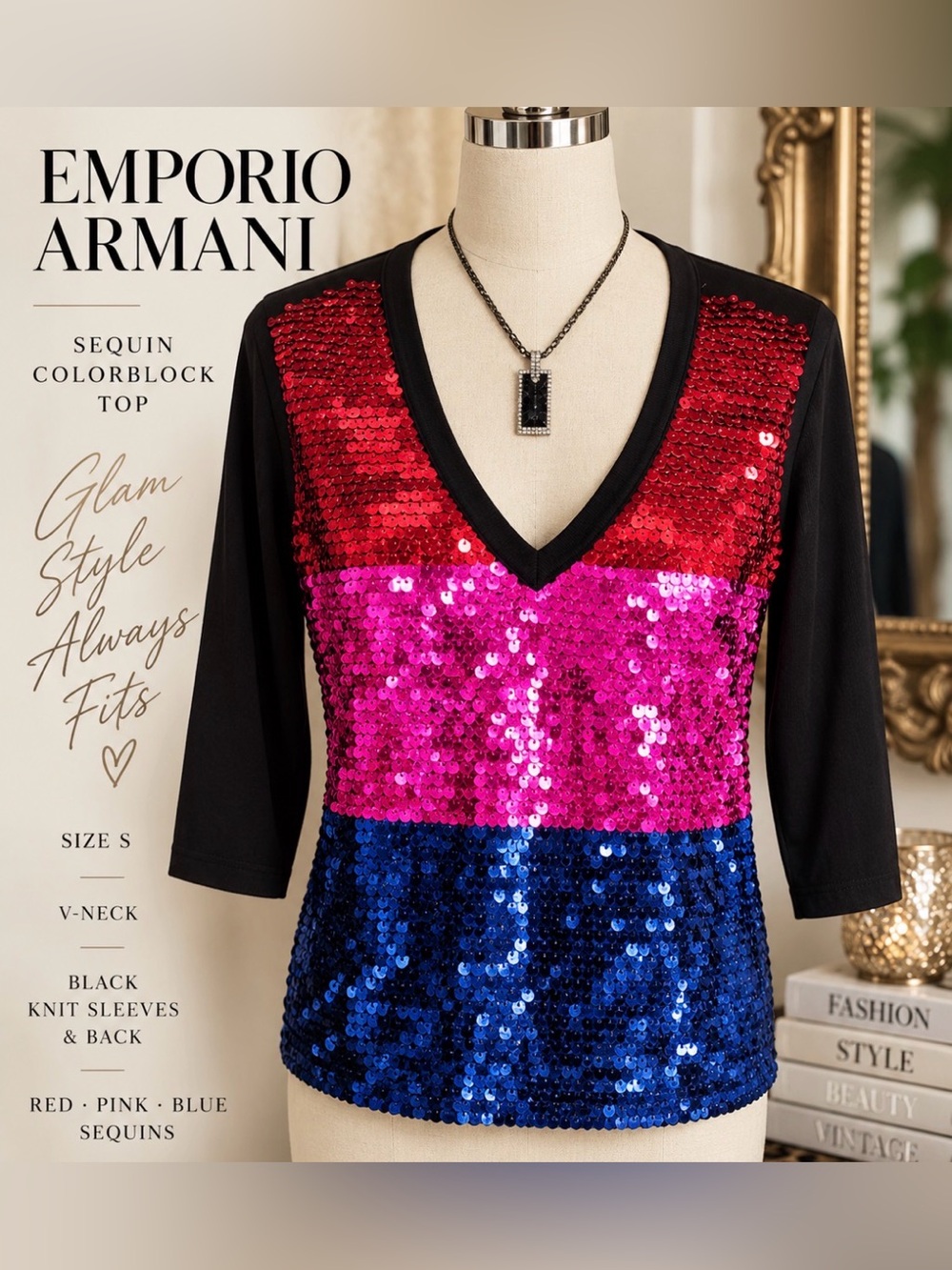 Emporio Armani - Sequin Colorblock V-Neck -stretchy soft knit Top  - small (8)